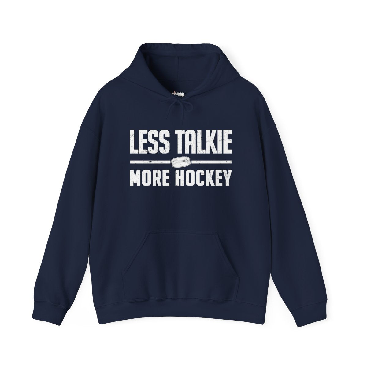 Funny Hockey Hoodie - Funny Hockey Gifts - Funny Gift For Hockey Players - Navy Front - More Talkie - Hockey Hoodie - Less Talkie More Hockey Hockey Hoodie - Hockey Gifts - Gift For Hockey Players
