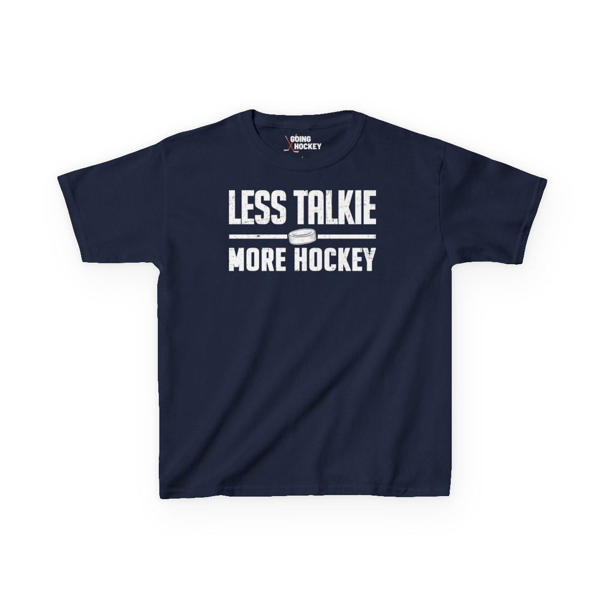 Funny Hockey Shirt - Funny Hockey Gifts - Funny Gift For Hockey Players - Navy Front - More Hockey - Kids Hockey T-Shirt - Less Talkie More Hockey Kids Hockey Shirt - Hockey Gifts - Gift For Hockey Players
