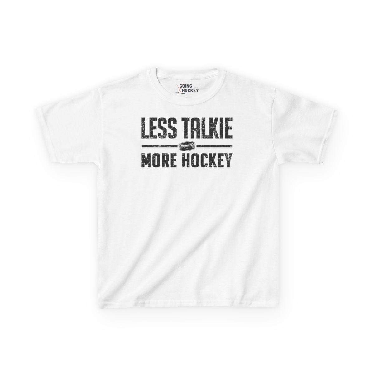 Funny Hockey Shirt - Funny Hockey Gifts - Funny Gift For Hockey Players - White Front - More Hockey - Kids Hockey T-Shirt - Less Talkie More Hockey Kids Hockey Shirt - Hockey Gifts - Gift For Hockey Players