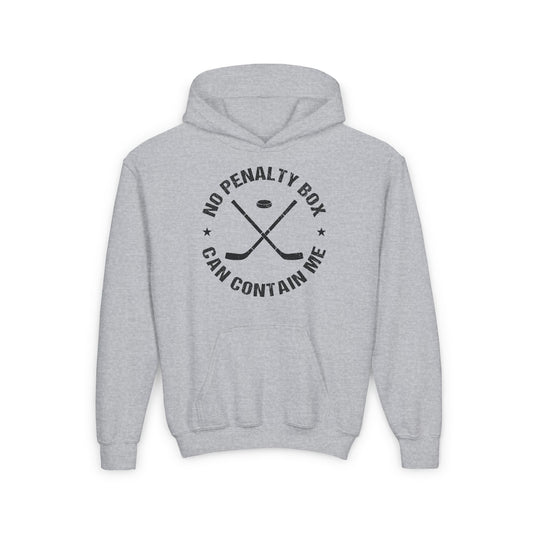 Main Front - Unrestrained Hockey - Kids Hockey Hoodie - No Penalty Box Can Contain Me Kids Hockey Hoodie - Hockey Gifts - Gift For Hockey Players